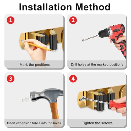 Mop Broom Holder Wall Mount, 2 Packs Gold Stainless Steel Tool Storage Organizer for Kitchen Garden Garage Laundry Room Bathroom and RV with 4 Slots 6 Hooks - color: Gold-2 Pack