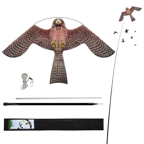 eyijklzo Bird Scarer Hawk Flying Kite with 13ft Telescopic Pole-Red - style: Red-with 4m pole