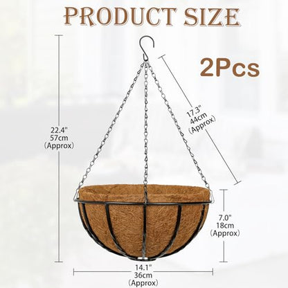 14 Inch Metal Hanging Basket with Coco Coir Liner for Flowers Planting - size: Twisted Bar 14" & 2 Pcs