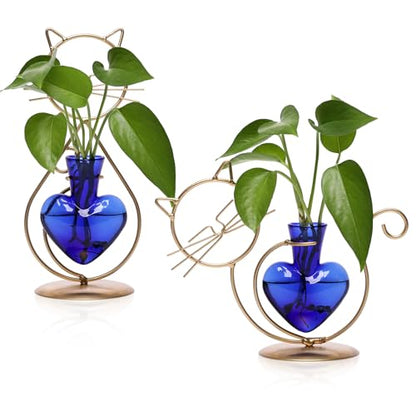 Plant Terrarium Propagation Station Gifts for Women Cat Lover - color: Gold Blue