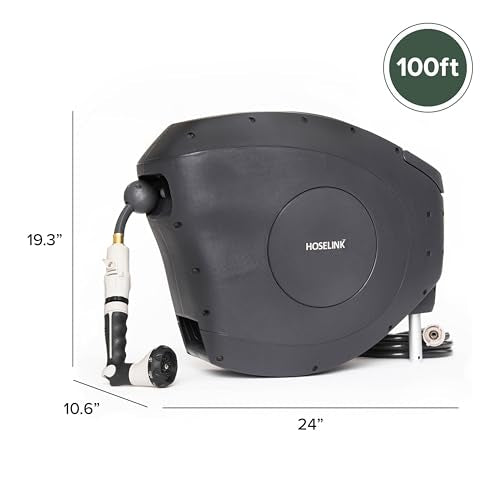 HOSELINK Classic Charcoal 100ft Automatic Retractable Garden Hose Reel, 1/2" UV-Stabilized Kink-Free Hose, Wall Mounted Complete Watering Solution for Backyard, Garden & Outdoor - size: 100ft 1/2" Hi-Flow