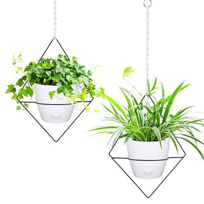 Koalaime Hanging Planters for Indoor Plants, 2 Set Self Watering Hanging Flower Pots, Modern Hanging Plant Baskets with Metal Plant Holder & 6.5 Inch Plastic Pots for Garden Home Decor (White)