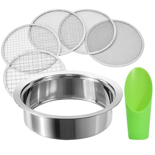 Soil Sieve Stainless Steel Riddle Sieve Set, 9.5" Diameter, Garden Sifter with 5 Filter Mesh Sizes 1,3,5,9,12mm and Bonsai Soil Scoops Gardening Tool - style: 151