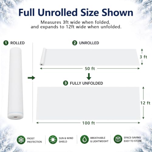 Tigeen 12 x 100 ft Frost Cloth for Plants, 45gsm Heavy Duty Frost Cover - size: 12 x 100 ft