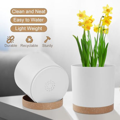 YNNICO Plant Pots with Drainage Holes and Saucers – 7, 6.5, 6, 5, 4 Inch Plastic Planters for Indoor Outdoor Plants, Modern Matte Finish, Lightweight & Durable（White - color: White