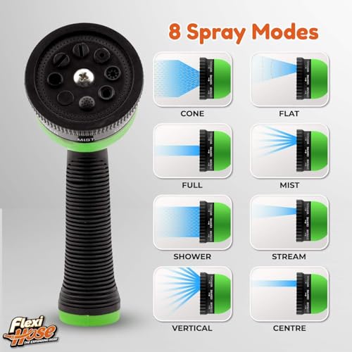 Flexi Hose with 8 Function Nozzle, 50FT - Lightweight Expandable Garden Hose, No-Kink Flexibility, 3/4 Inch Solid Brass Fittings and Double Latex Core - Black and Green - size: 50ft