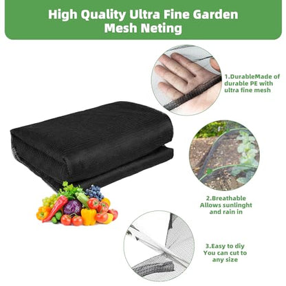U0U Garden Mesh Netting Kit,7.8 x 24 Ft Plant Netting with Hoops,Bird Net for Garden with 6 Sets Garden Hoops & 18 Clips,Garden Net Bed Cover for Plants Birds Animals Protection (Black) - color: Black