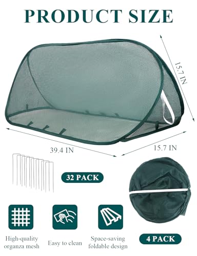 4 Pcs Pop Up Garden Mesh Plant Cover, 39" x 15" x 15" Foldable Plant Protector Net Cage for Raised Beds, Vegetables, Fruits and Seedlings, Bird Insect Animal Barrier Garden Row Cover,with 24 Stakes