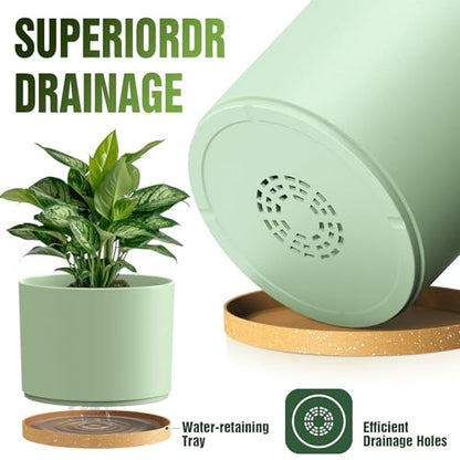 10/9/8 Inch Plant Pots 3 Pack, with Drainage Hole & Saucers - color: Matte Green&brown