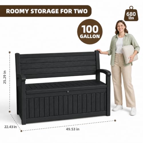 EasyUp 100 Gallon Wood-Grain Storage Bench, Waterproof & Lockable，Black - color: Black, size: 100 Gallon