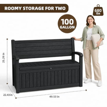 EasyUp 100 Gallon Wood-Grain Storage Bench, Waterproof & Lockable，Black - color: Black, size: 100 Gallon