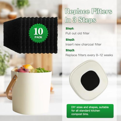 Compost Bin Carbon Filter Refills – 10 Pack Square 5x5 Activated Charcoal, Long-Lasting
