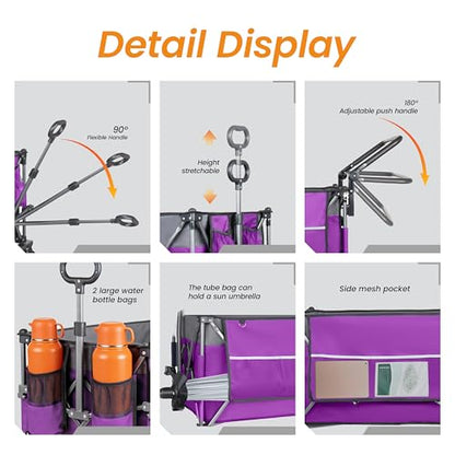 Folding Wagon Cart with Removable Canopy 480LBS Utility Cart on Wheels - color: Purple Canopy