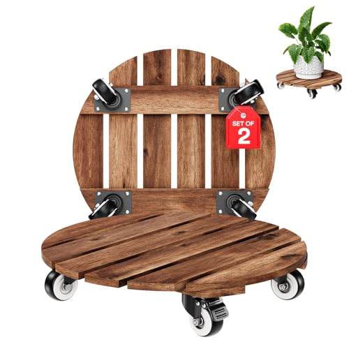 IDZO 2pack Wood Plant Caddy With Wheels Heavy Duty Red Brown, 264 Lbs Capacity, 12 Inch Acacia Hardwood Plant Roller, Plant Stand with 360° Lockable Wheels, Plant Caster for Heavy Objects Hauling - color: Round Wood Brown, size: 12 Inch
