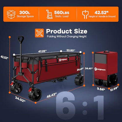 Originsure 300L Foldable Beach Wagon Cart with Big Wheels, 560lbs, Grey&Red - color: Red&grey