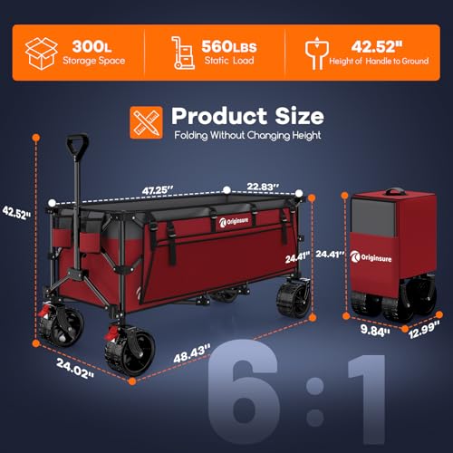 Originsure 300L Foldable Beach Wagon Cart with Big Wheels, 560lbs, Grey&Red - color: Red&grey