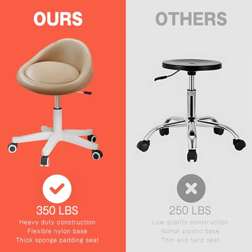 Rolling Stool – Ergonomic Swivel Seat, Adjustable Height, Ultra-Quiet Wheels, Padded PU Leather Cushion, for Salon, Office, Massage & Medical Use Khaki - color: Khaki