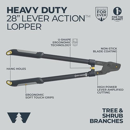 Woodland Tools Heavy Duty Lopper – 28 Inch Lever-Action Branch Cutter with Bypass Blade and Non Slip Grip – Manual Tree Limb Cutter for Thick Branches and Tough Yard Work - style: Heavy Duty Lopper