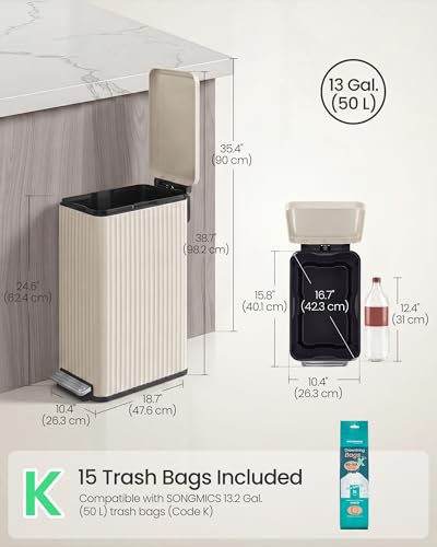 SONGMICS Trash Can, 13 Gallon (50 L) Slim, Stainless Steel, with Lid, Pedal - color: Cream White, size: 13 Gallon (Slim)