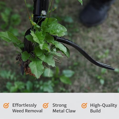 All Black Stand Up Weed Puller 53 Inch Manual Weed Remover Tool Heavy Duty Metal Long Handle Root Removal Weeder with Reinforced Claw and Three Section Steel Shaft for Garden Lawn Yard Use