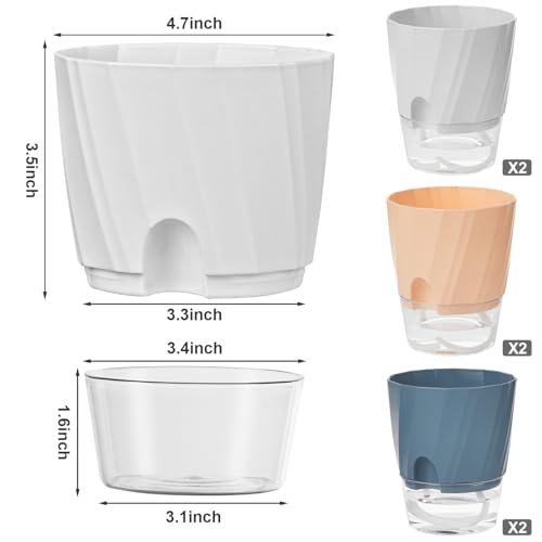 Self Watering Plant Pots 4.7 Inch, 6 Pack Plastic Indoor Planters Pots - color: White, Pink, Blue, size: 4.7 Inch Set of 6