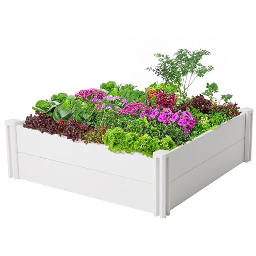 PASAMIC 4x4x1ft Vinyl Raised Garden Bed, Maintenance-Free Outdoor Garden Planter Box, Never Rust or Rot, Durable Open-Bottom Raised Bed for Vegetables, Flowers, Herbs & Fruits - size: 4x4x1FT