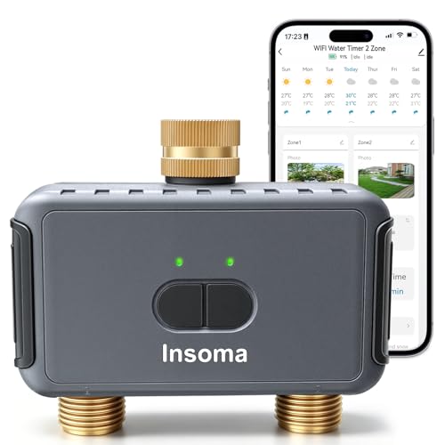 Insoma 2-Zone WiFi Water Timer Brass Inlet Outlet, Smart Sprinkler Timer, No-Gateway 2.4GHz, APP Remote Control WiFi Hose Timers, Voice Control with Alexa, Rain Delay and Manual Mode for Lawn Watering - size: 2 Zone-Brass-WiFi