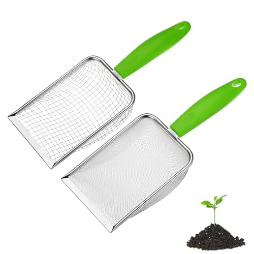 M METERXITY 2-Pack Gardening Soil Sifter, 5, 1 mm Mesh Stainless Steel Portable Gardening Sifter with Plastic Handle for Sand/Dirt/Rock Compost [White, Green] - color: White, Green, size: 5.0X5.0mm,1X1mm