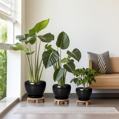 Ceramic Planters Pots - 10 Inch 8 Inch 6 Inch Plant Pots Indoor with Drainage Holes and Saucers Large Planters Mid-Century Flower Pots Outdoor Set of 3 Black - color: Black