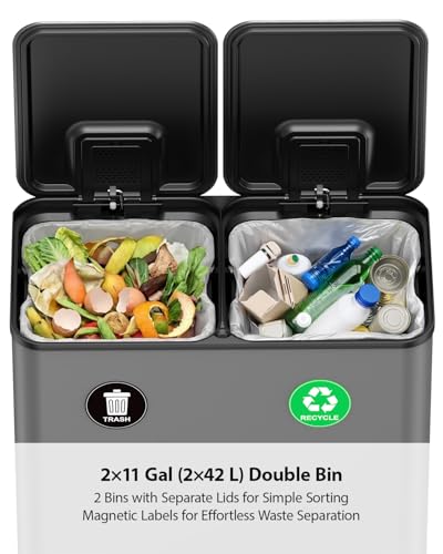 Lovewind Dual Trash and Recycling Bins for Kitchen, 2 * 11-Gallon Stainless Steel Double Trash Can, Step-On Garbage and Recycle Combo, Quiet Close, Pet-Proof, Compatible with 13-Gallon Bags, Grey - color: Gray, size: 2 x 11 Gallon