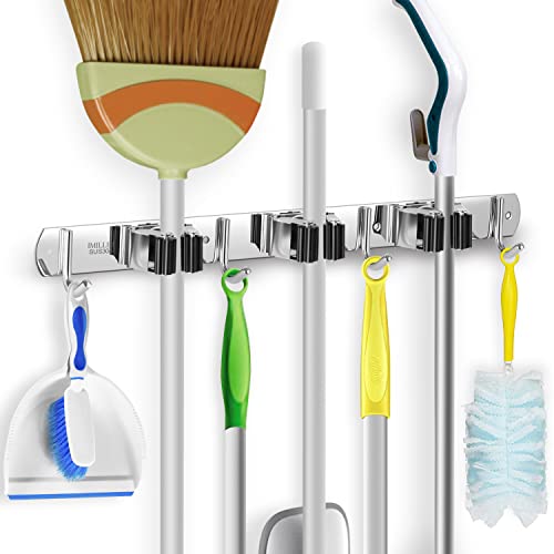 IMILLET Broom Holder Wall Mount Stainless Steel Mop Organizer - color: Stainless Steel - 3 Racks with 4 Hooks, size: 1 Pack