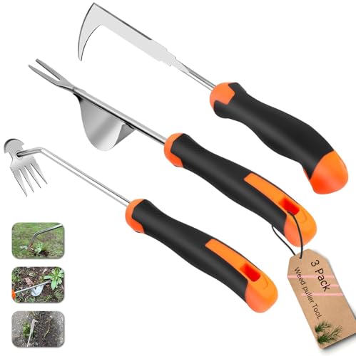 3 Pack Manual Garden Weeder Tool, Stainless Steel Weed Puller, Anti-Slip Rubber Handle Weed Remover for Lawn, Yard, Flower Beds & Outdoor Gardening