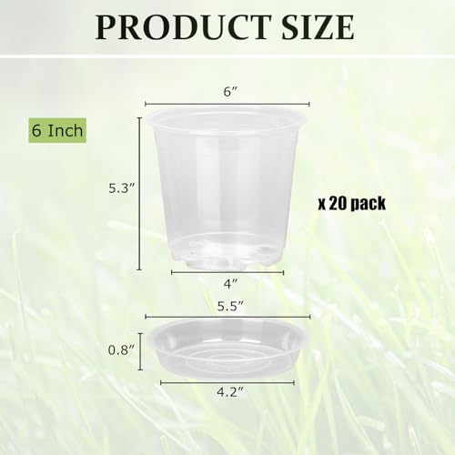 20 Pack 6 Inch Clear Nursery Pots with Drainage and Saucer, Clear Plastic Planter Pots for Plants, Flexible Seed Starting Pots for Succulents, Small Herbs, Annual Flowers (6 Inch) - size: 6 Inch