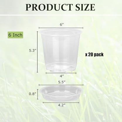20 Pack 6 Inch Clear Nursery Pots with Drainage and Saucer, Clear Plastic Planter Pots for Plants, Flexible Seed Starting Pots for Succulents, Small Herbs, Annual Flowers (6 Inch) - size: 6 Inch