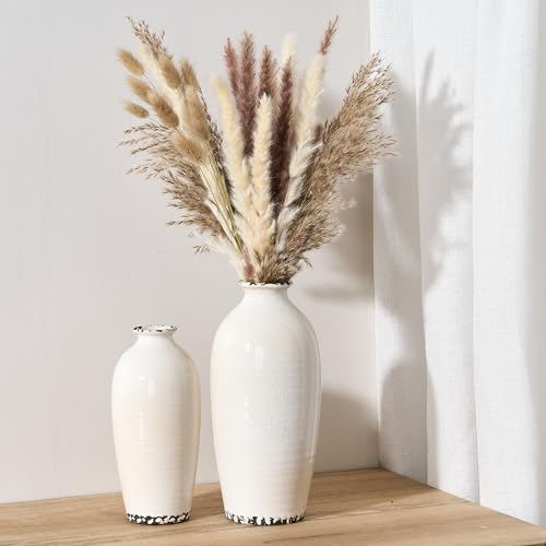 PORCER Ceramic Vases for Home Decor, Ice Crackle Aged White Vintage Ceramic Vase Set of 2, Minimalist Decorative Vase for Table Centerpiece Dining Living Room Office Nightstand Fireplace Decoration - color: Ice Crackle Aged White- 2pcs