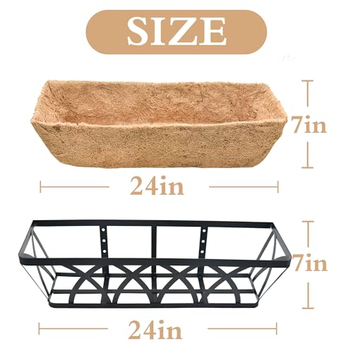 Flat Railing Planter Window Box 4 Pack 24" Horse Trough Planter with Coco Fiber Liner Metal Window Planter Box Deck Balcony Rail Planter for Outdoor Porch Fence Patio