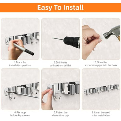 2 Pack Mop and Broom Holder Wall Mount for Kitchen Garage Laundry Room - color: Silver, size: 2 Pack 4 Racks with 5 Hooks