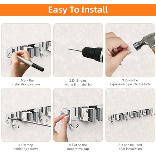 2 Pack Mop and Broom Holder Wall Mount for Kitchen Garden Garage Laundry - color: Silver, size: 2 Pack 3 Racks with 4 Hooks