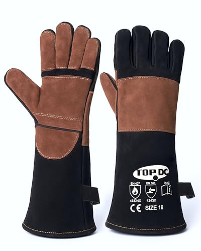 TOPDC Welding Gloves 16Inch 1000℉ Heat Resistant Leather for MIG Stick, S - color: 16 Inch Black-brown (Small)
