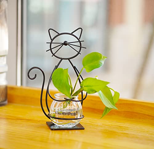 Desktop Cat Planter Propagation Station, Glass Vase Metal Stand - color: Cat