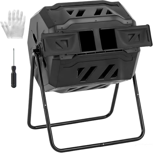 Compost Bin Outdoor, Dual Chamber Composter Tumbler Outdoor with Gloves, Efficient 360°Rotating Composting Bin for Patio, Lawn, Home Gardening and Landscape (Black) - color: black out