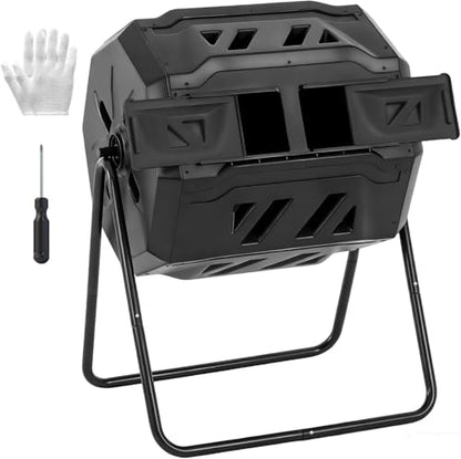 Compost Bin Outdoor, Dual Chamber Composter Tumbler Outdoor with Gloves, Efficient 360°Rotating Composting Bin for Patio, Lawn, Home Gardening and Landscape (Black) - color: black out