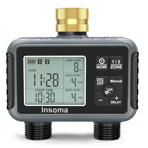 Insoma Water Timer with Brass Inlet, 2 Independent Zones Outdoor Hose Timer for Garden Faucet with Auto/Manual/Rain Delay Mode, Sprinkler Irrigation Timers for Yard Lawn - color: Black, size: 2 Outlets