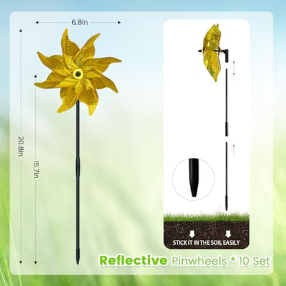 10 PCS Reflective Pinwheels for Yard and Garden Bird Devices Pre-Installed Sparkly Wind Spinner Deterrent to Scare Birds Away from Yard Patio Farm (Yellow) - color: Yellow