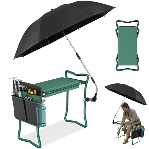 OAOA innovation 2-in-1 Garden Kneeler with Umbrella, Kneeling Bench & Black Umbrella, Portable Stool 330lb Capacity, Garden Tools Bag with Bottle Holder, Gardening Gift for Men Women Seniors - color: Black