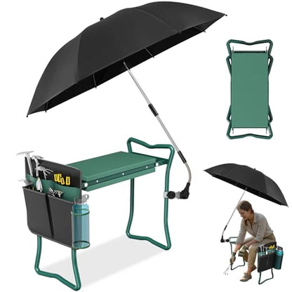 OAOA innovation 2-in-1 Garden Kneeler with Umbrella, Kneeling Bench & Black Umbrella, Portable Stool 330lb Capacity, Garden Tools Bag with Bottle Holder, Gardening Gift for Men Women Seniors - color: Black