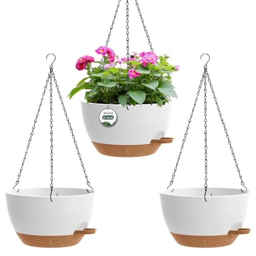 3 Pack 10 Hanging Flower Pots with Chains Self Watering Plastic Planters for Indoor Outdoor Plants, Sturdy Triangular Iron Chain Design for Garden PorchPlastic hanging flower pots (3, White-brown) - color: White-brown