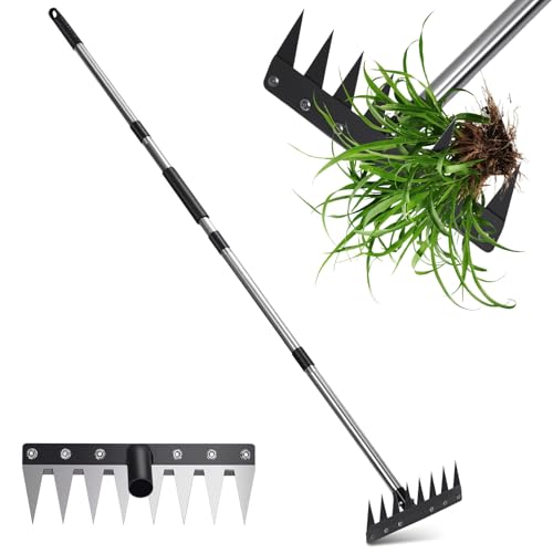 Garden Weed Pulling Tool with Long Handle, Garden Hoe and Weed Rake