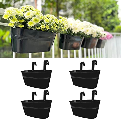 LaLaGreen Outdoor Rail Planter (9.8 in, 4 Pack) Black Metal Balcony Pots - size: 9.8" (25 cm) x 4 Pack