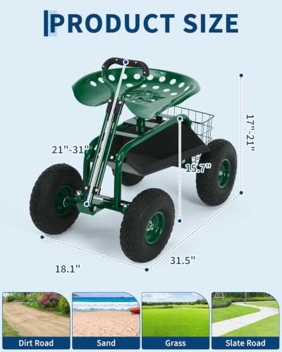 Garvee Heavy Duty Garden Work Seat, Garden Scooter Rolling Seat 360° Swivel - color: Green